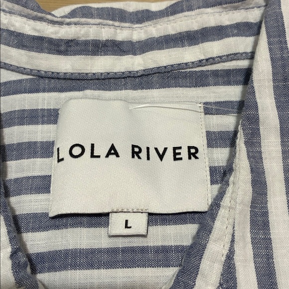 Lola River short sleeved button up shirt Blue white stripe Boxy womens L Cotton - Picture 3 of 8